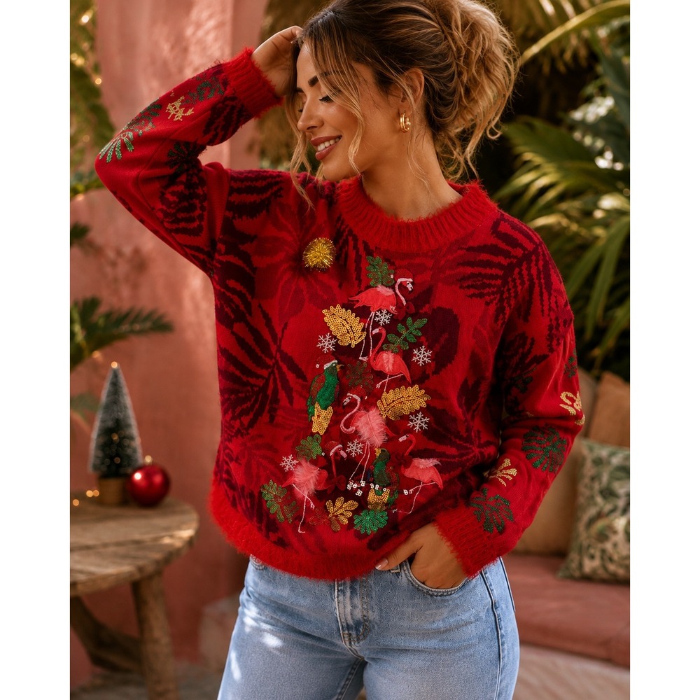 33 Degrees Tropical Christmas Flamingo Parrot Sequin Sweater Red Women's L